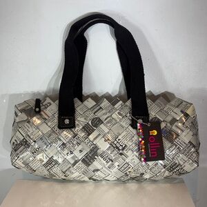 NWT Nahui Ollin Woven Newspaper Print Satchel Bag Eco Recycled Handbag
